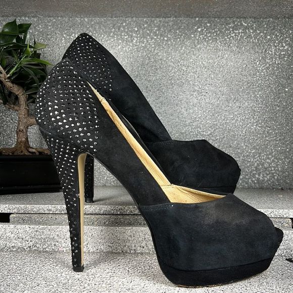 Aldo Eliers Black Rhinestone Embellished Peep Toe Pumps Heels Shoes Size 9 - Picture 5 of 10